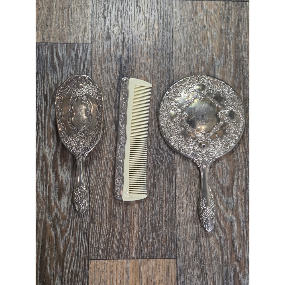 Vintage Silver Plated Ornate Vanity Set Mirror Brush Comb Floral Embossed 3pc